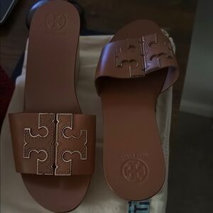 Tory Burch Tan Logo Slide Sandals